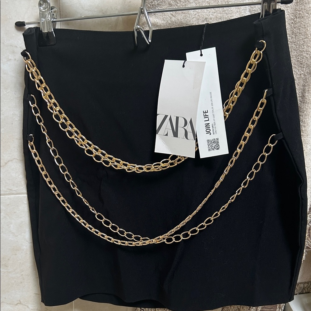 ZARA Black Mini Skirt with Gold Chain Trim
